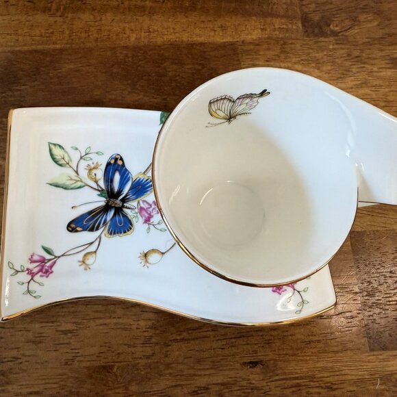 Adeline Butterfly Tea Cup‎ Snack Plate Floral Blue Gold Trim England Design - Picture 4 of 7
